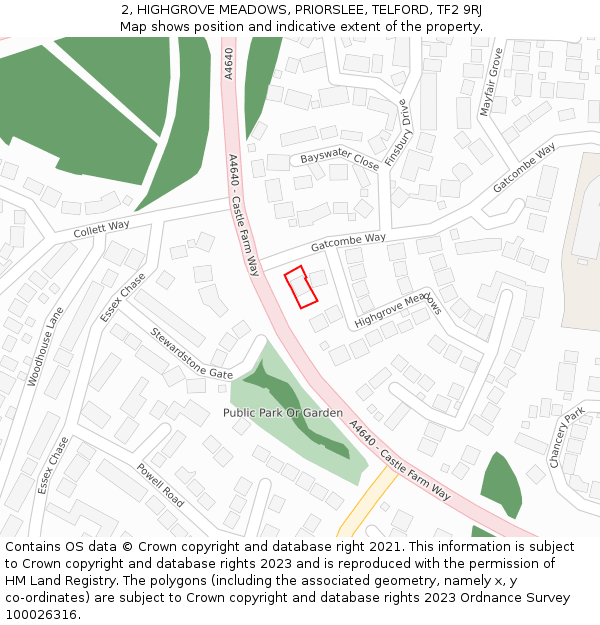 2, HIGHGROVE MEADOWS, PRIORSLEE, TELFORD, TF2 9RJ: Location map and indicative extent of plot