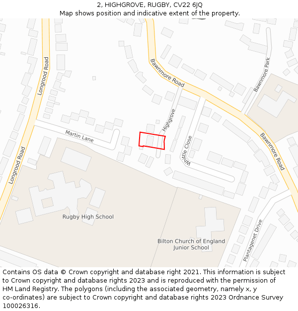 2, HIGHGROVE, RUGBY, CV22 6JQ: Location map and indicative extent of plot