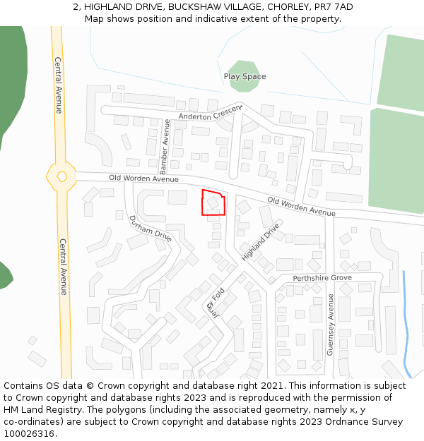 2, HIGHLAND DRIVE, BUCKSHAW VILLAGE, CHORLEY, PR7 7AD: Location map and indicative extent of plot