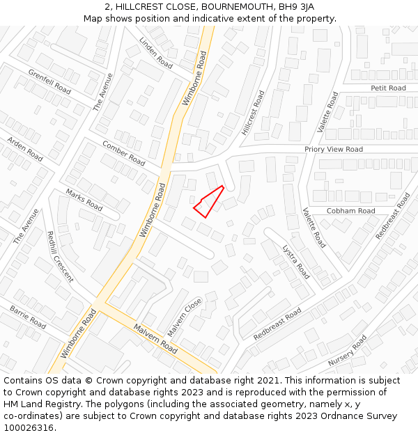 2, HILLCREST CLOSE, BOURNEMOUTH, BH9 3JA: Location map and indicative extent of plot