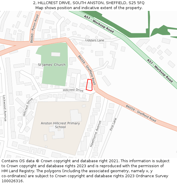 2, HILLCREST DRIVE, SOUTH ANSTON, SHEFFIELD, S25 5FQ: Location map and indicative extent of plot