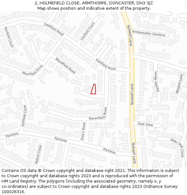 2, HOLMEFIELD CLOSE, ARMTHORPE, DONCASTER, DN3 3JZ: Location map and indicative extent of plot