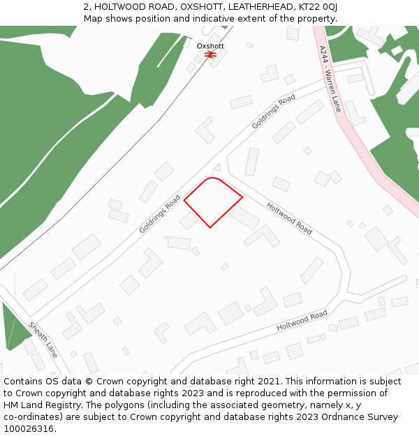 2, HOLTWOOD ROAD, OXSHOTT, LEATHERHEAD, KT22 0QJ: Location map and indicative extent of plot