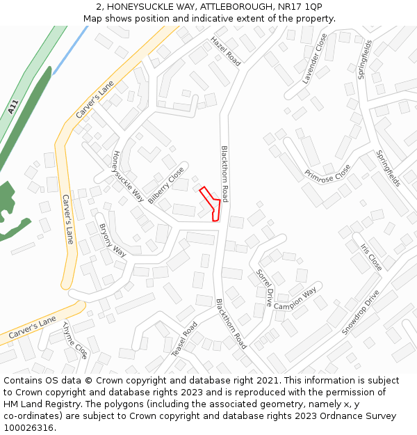 2, HONEYSUCKLE WAY, ATTLEBOROUGH, NR17 1QP: Location map and indicative extent of plot