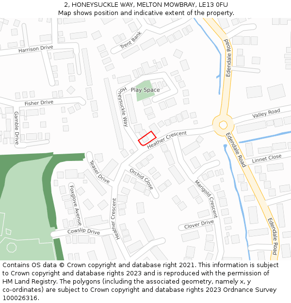 2, HONEYSUCKLE WAY, MELTON MOWBRAY, LE13 0FU: Location map and indicative extent of plot
