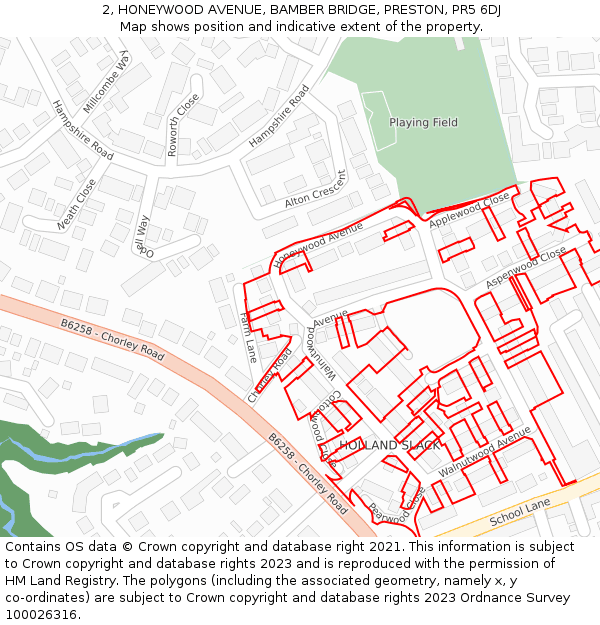 2, HONEYWOOD AVENUE, BAMBER BRIDGE, PRESTON, PR5 6DJ: Location map and indicative extent of plot