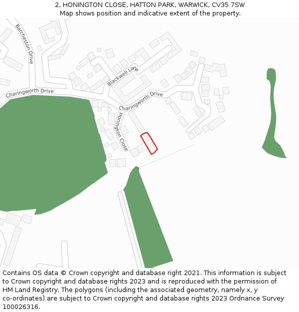 2, HONINGTON CLOSE, HATTON PARK, WARWICK, CV35 7SW: Location map and indicative extent of plot