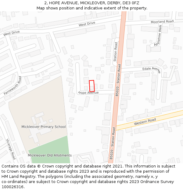 2, HOPE AVENUE, MICKLEOVER, DERBY, DE3 0FZ: Location map and indicative extent of plot
