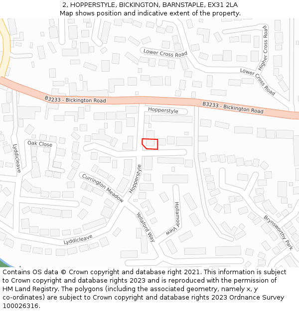 2, HOPPERSTYLE, BICKINGTON, BARNSTAPLE, EX31 2LA: Location map and indicative extent of plot