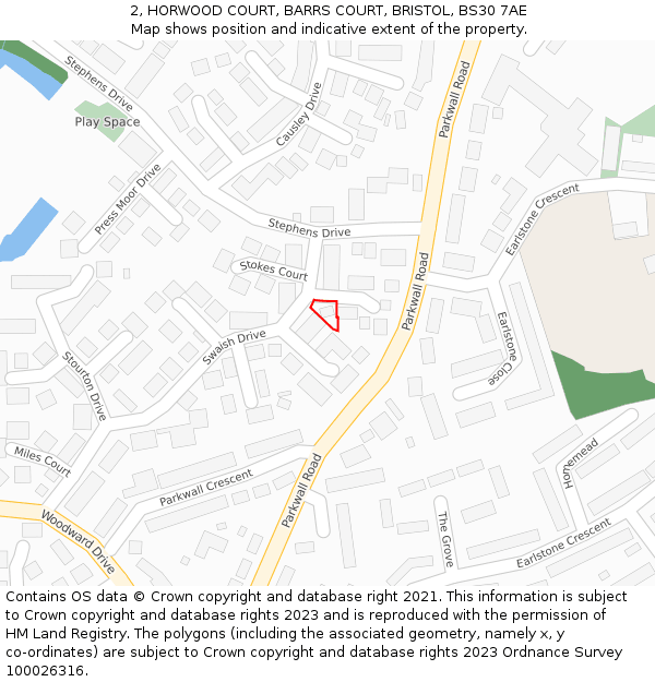 2, HORWOOD COURT, BARRS COURT, BRISTOL, BS30 7AE: Location map and indicative extent of plot