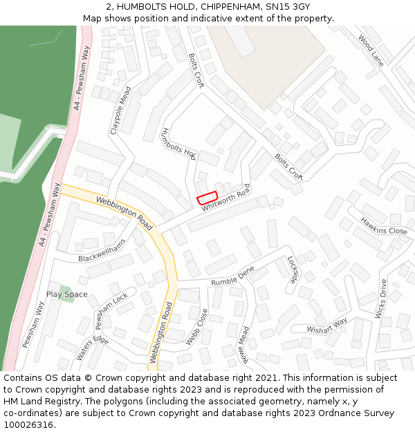 2, HUMBOLTS HOLD, CHIPPENHAM, SN15 3GY: Location map and indicative extent of plot
