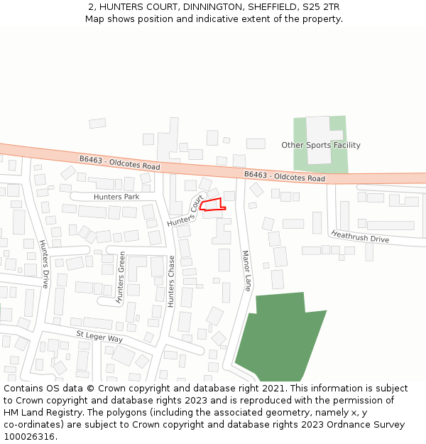 2, HUNTERS COURT, DINNINGTON, SHEFFIELD, S25 2TR: Location map and indicative extent of plot
