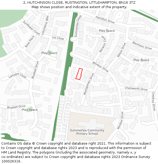 2, HUTCHINSON CLOSE, RUSTINGTON, LITTLEHAMPTON, BN16 3TZ: Location map and indicative extent of plot