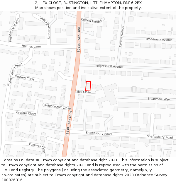 2, ILEX CLOSE, RUSTINGTON, LITTLEHAMPTON, BN16 2RX: Location map and indicative extent of plot