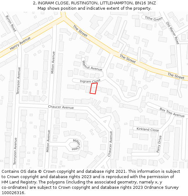 2, INGRAM CLOSE, RUSTINGTON, LITTLEHAMPTON, BN16 3NZ: Location map and indicative extent of plot