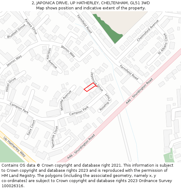 2, JAPONICA DRIVE, UP HATHERLEY, CHELTENHAM, GL51 3WD: Location map and indicative extent of plot