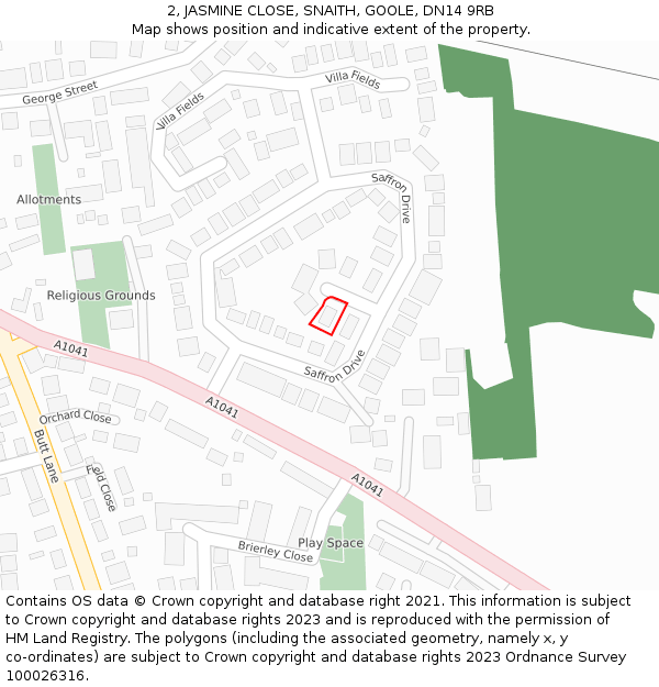 2, JASMINE CLOSE, SNAITH, GOOLE, DN14 9RB: Location map and indicative extent of plot