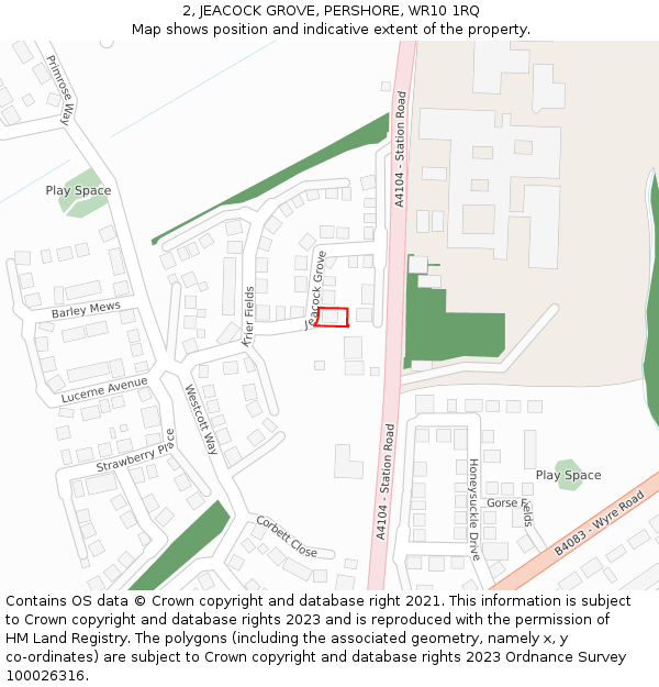 2, JEACOCK GROVE, PERSHORE, WR10 1RQ: Location map and indicative extent of plot