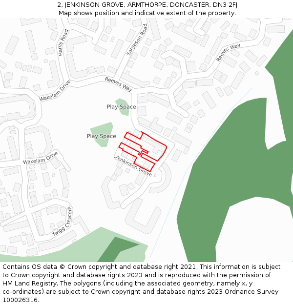 2, JENKINSON GROVE, ARMTHORPE, DONCASTER, DN3 2FJ: Location map and indicative extent of plot
