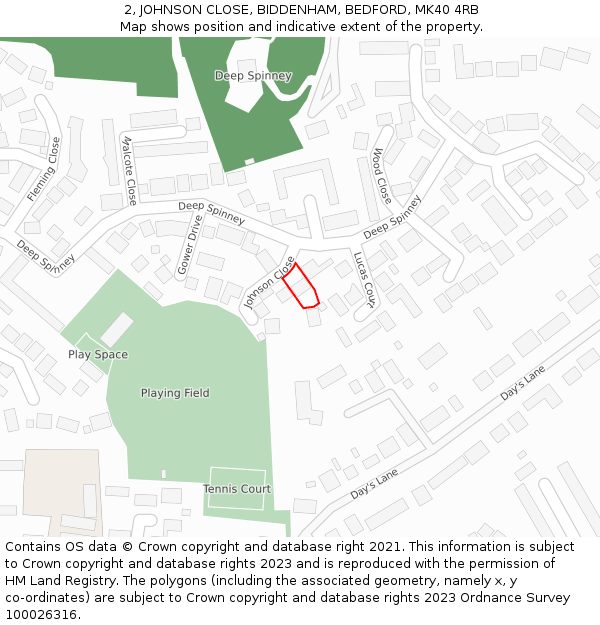 2, JOHNSON CLOSE, BIDDENHAM, BEDFORD, MK40 4RB: Location map and indicative extent of plot