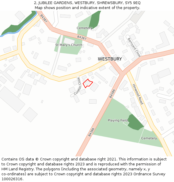 2, JUBILEE GARDENS, WESTBURY, SHREWSBURY, SY5 9EQ: Location map and indicative extent of plot