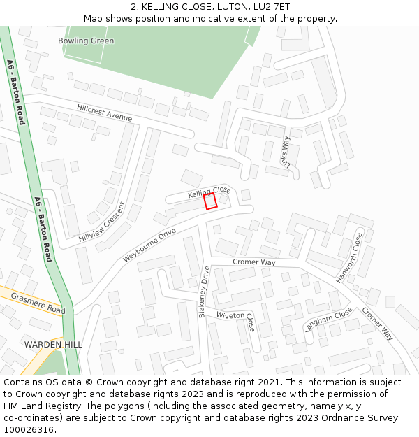 2, KELLING CLOSE, LUTON, LU2 7ET: Location map and indicative extent of plot