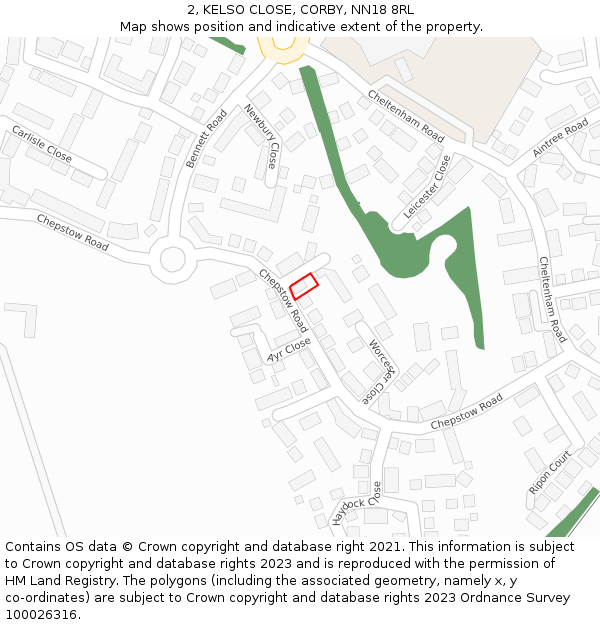 2, KELSO CLOSE, CORBY, NN18 8RL: Location map and indicative extent of plot