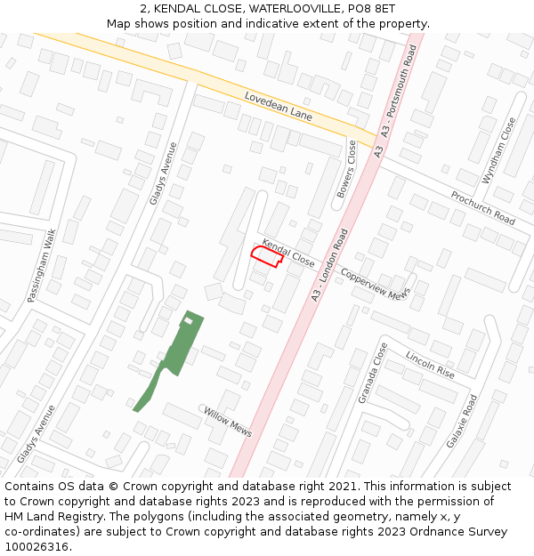 2, KENDAL CLOSE, WATERLOOVILLE, PO8 8ET: Location map and indicative extent of plot