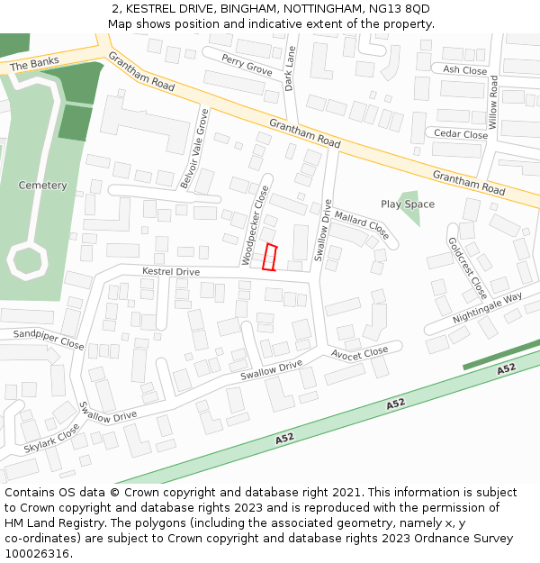 2, KESTREL DRIVE, BINGHAM, NOTTINGHAM, NG13 8QD: Location map and indicative extent of plot