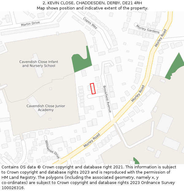 2, KEVIN CLOSE, CHADDESDEN, DERBY, DE21 4RH: Location map and indicative extent of plot