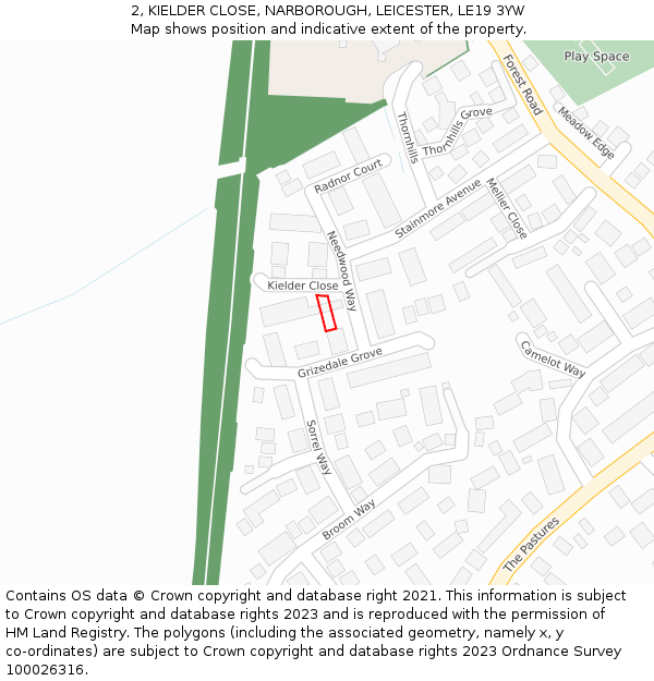 2, KIELDER CLOSE, NARBOROUGH, LEICESTER, LE19 3YW: Location map and indicative extent of plot