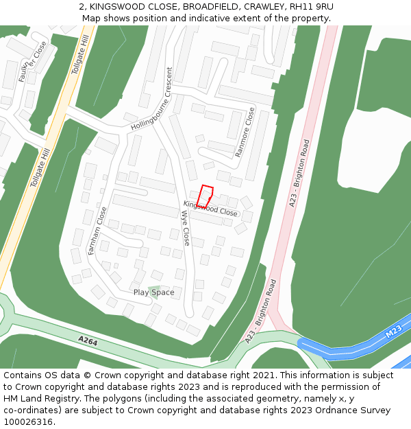 2, KINGSWOOD CLOSE, BROADFIELD, CRAWLEY, RH11 9RU: Location map and indicative extent of plot