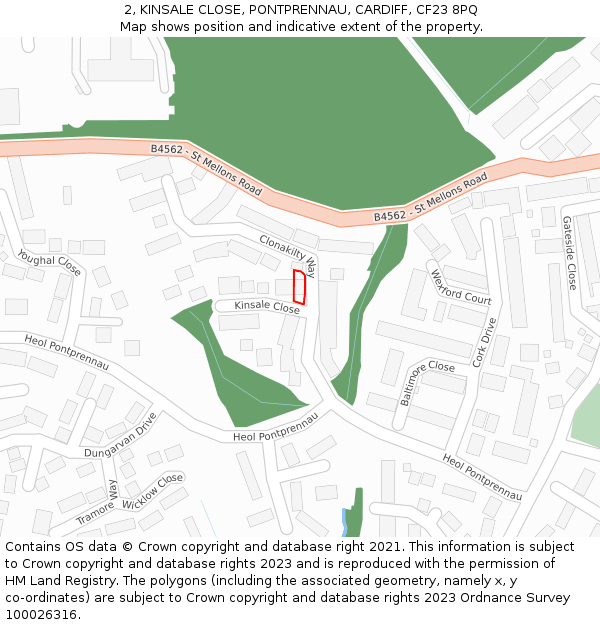 2, KINSALE CLOSE, PONTPRENNAU, CARDIFF, CF23 8PQ: Location map and indicative extent of plot