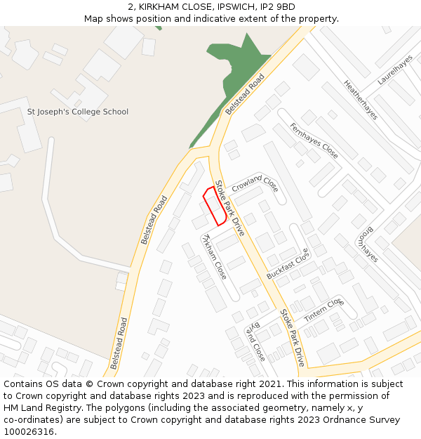 2, KIRKHAM CLOSE, IPSWICH, IP2 9BD: Location map and indicative extent of plot