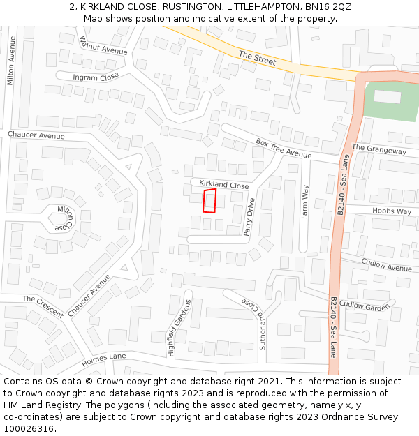 2, KIRKLAND CLOSE, RUSTINGTON, LITTLEHAMPTON, BN16 2QZ: Location map and indicative extent of plot