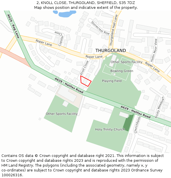 2, KNOLL CLOSE, THURGOLAND, SHEFFIELD, S35 7DZ: Location map and indicative extent of plot