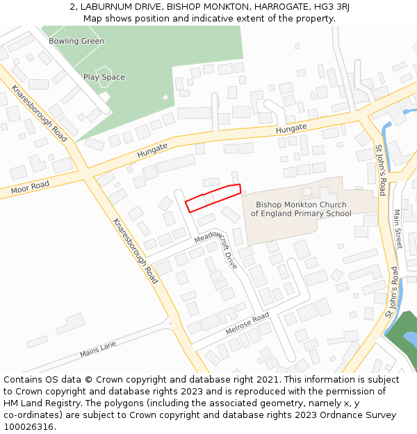 2, LABURNUM DRIVE, BISHOP MONKTON, HARROGATE, HG3 3RJ: Location map and indicative extent of plot