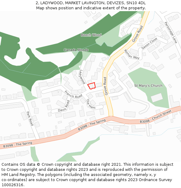 2, LADYWOOD, MARKET LAVINGTON, DEVIZES, SN10 4DL: Location map and indicative extent of plot