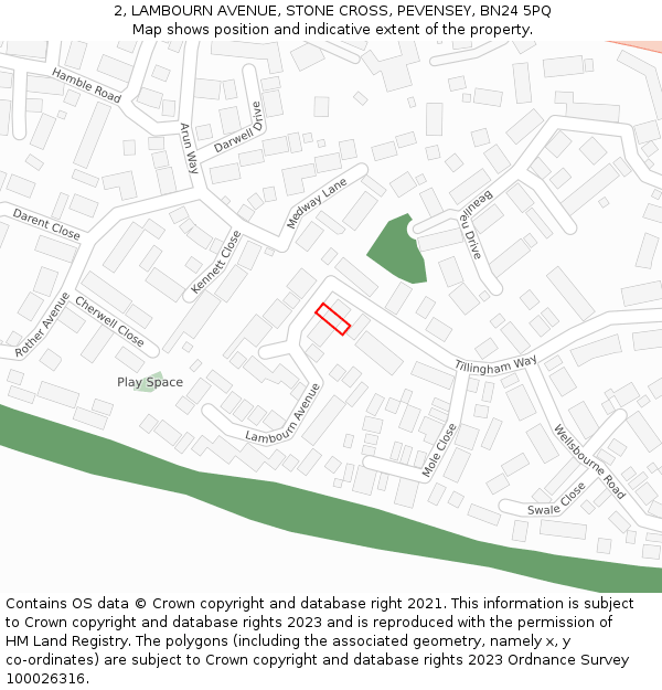 2, LAMBOURN AVENUE, STONE CROSS, PEVENSEY, BN24 5PQ: Location map and indicative extent of plot