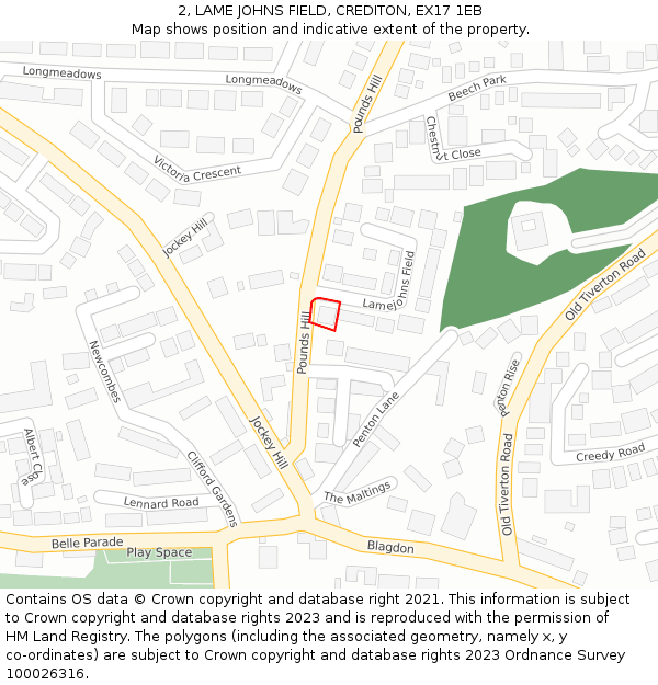 2, LAME JOHNS FIELD, CREDITON, EX17 1EB: Location map and indicative extent of plot