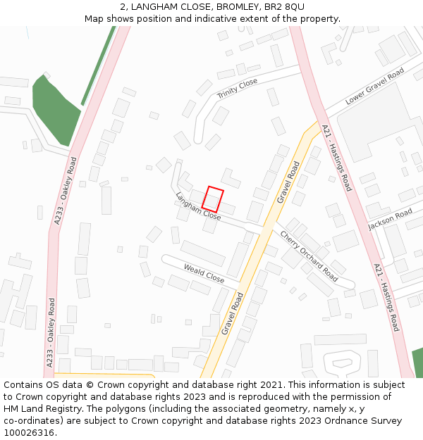 2, LANGHAM CLOSE, BROMLEY, BR2 8QU: Location map and indicative extent of plot