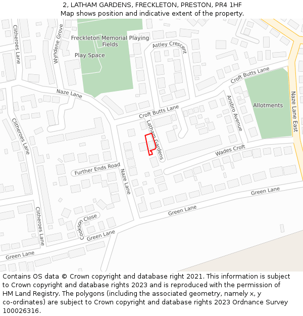 2, LATHAM GARDENS, FRECKLETON, PRESTON, PR4 1HF: Location map and indicative extent of plot