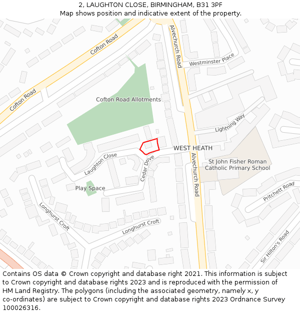 2, LAUGHTON CLOSE, BIRMINGHAM, B31 3PF: Location map and indicative extent of plot