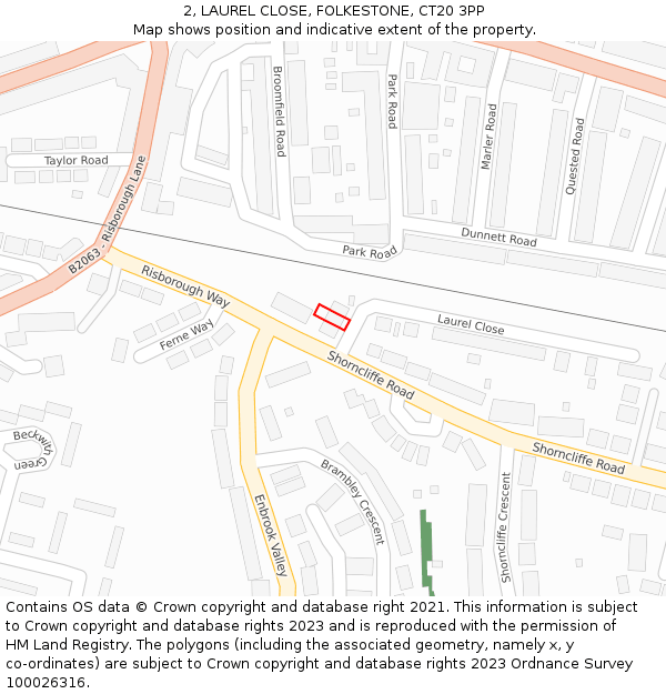 2, LAUREL CLOSE, FOLKESTONE, CT20 3PP: Location map and indicative extent of plot