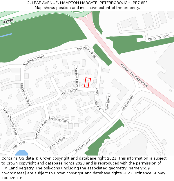 2, LEAF AVENUE, HAMPTON HARGATE, PETERBOROUGH, PE7 8EF: Location map and indicative extent of plot