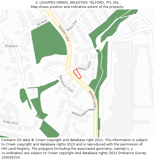 2, LIDGATES GREEN, ARLESTON, TELFORD, TF1 2NL: Location map and indicative extent of plot