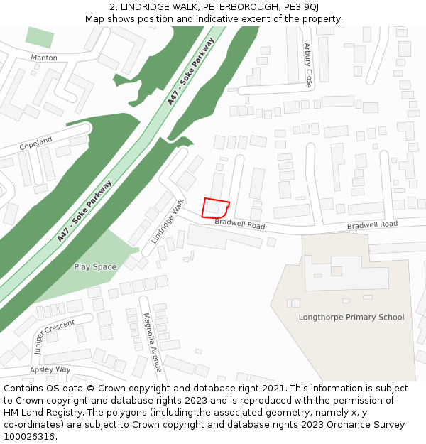 2, LINDRIDGE WALK, PETERBOROUGH, PE3 9QJ: Location map and indicative extent of plot