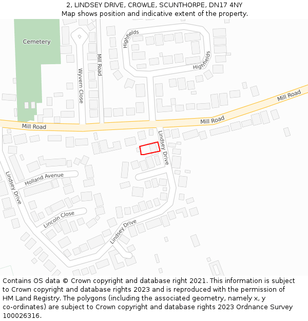 2, LINDSEY DRIVE, CROWLE, SCUNTHORPE, DN17 4NY: Location map and indicative extent of plot