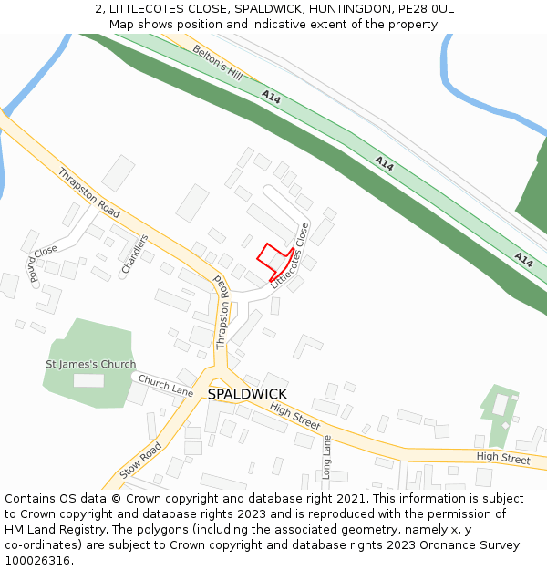 2, LITTLECOTES CLOSE, SPALDWICK, HUNTINGDON, PE28 0UL: Location map and indicative extent of plot