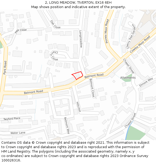 2, LONG MEADOW, TIVERTON, EX16 6EH: Location map and indicative extent of plot